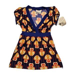 2000s Babydoll Tunic Shirt Deadstock NWT Yellow Blue Smock Pullover SZ M